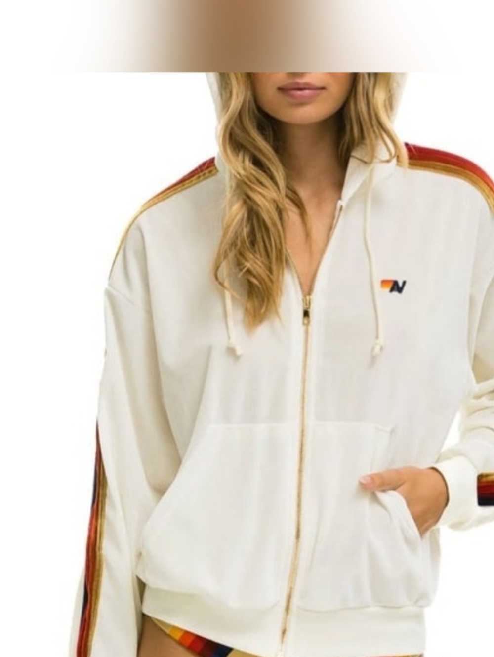 Aviator Nation Velour Zip Hoodie Rainbow Stripe - Small 